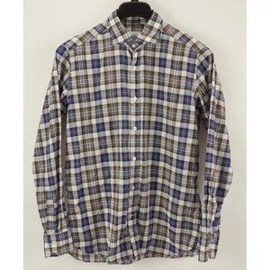Caliban 820 Men's 40-15 3/4 White Blue Brown Plaid Broadcloth Button Up Shirt